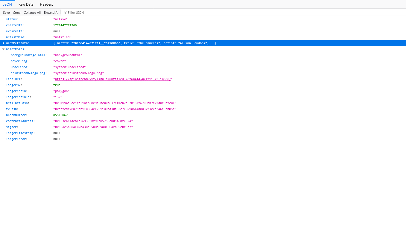 SpinStream creation record metadata screenshot
